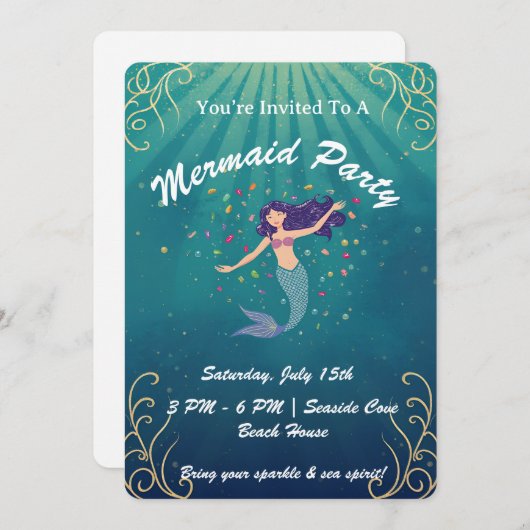 Mermaid Magic Birthday Invite Kaart (Voorkant / Achterkant)