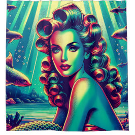 Mermaid Marina: Pin-Up Mermaid Charm uit 1940 Douchegordijn
