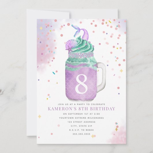 Mermaid Mason Jar Milkshake Girls Birthday Age Inv Kaart (Voorkant)