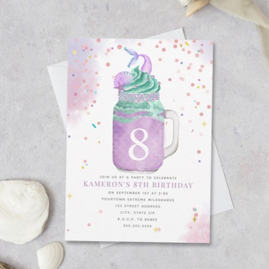 Mermaid Mason Jar Milkshake Girls Birthday Age Inv Kaart