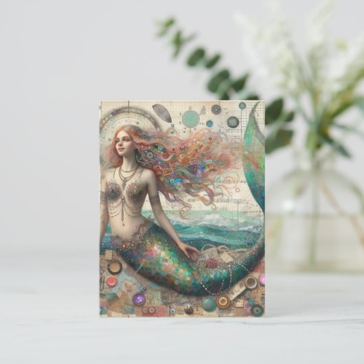 Mermaid Mixed Media Collage Briefkaart (Staand voorkant)