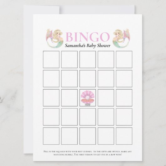 Mermaid Moeder Baby Shower Roze Witte Bingo Game Kaart (Voorkant)