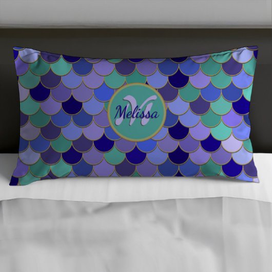 Mermaid Monogram + Naam | Aqua Blauwgroen Paars bl Kussensloop