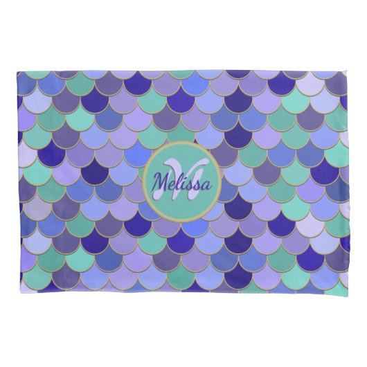 Mermaid Monogram + Naam | Aqua Blauwgroen Paars bl Kussensloop (Voorkant-Links)