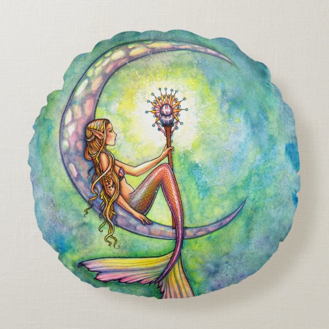 Mermaid Moon Fantasy Art van Molly Harrison Rond Kussen (Voorkant)