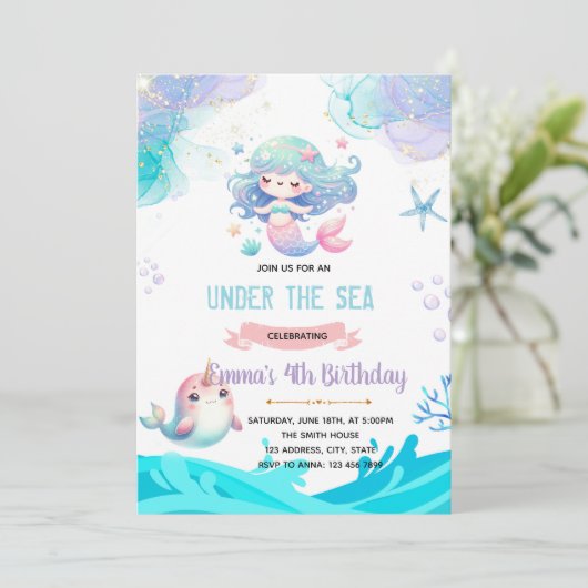 Mermaid Narwhal uitnodiging (Staand voorkant)