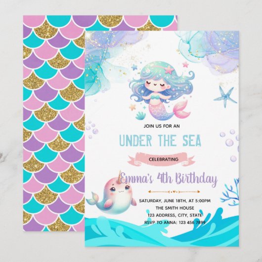 Mermaid Narwhal uitnodiging (Voorkant / Achterkant)