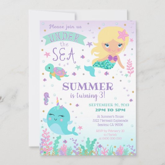 Mermaid Narwhal-uitnodiging - onder het Zee Kaart (Voorkant)