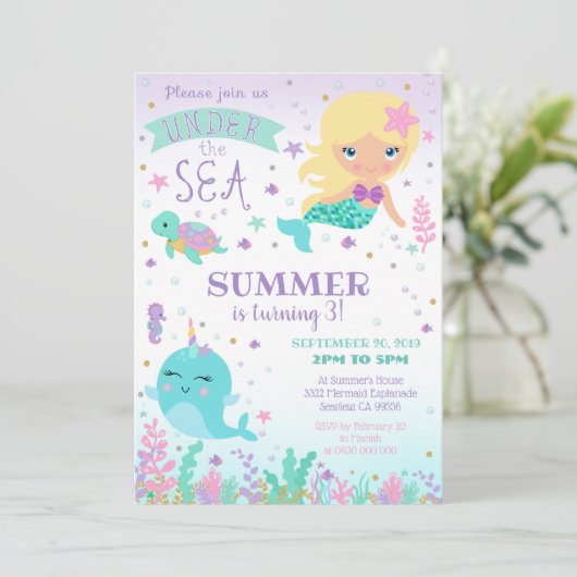 Mermaid Narwhal-uitnodiging - onder het Zee Kaart (Staand voorkant)