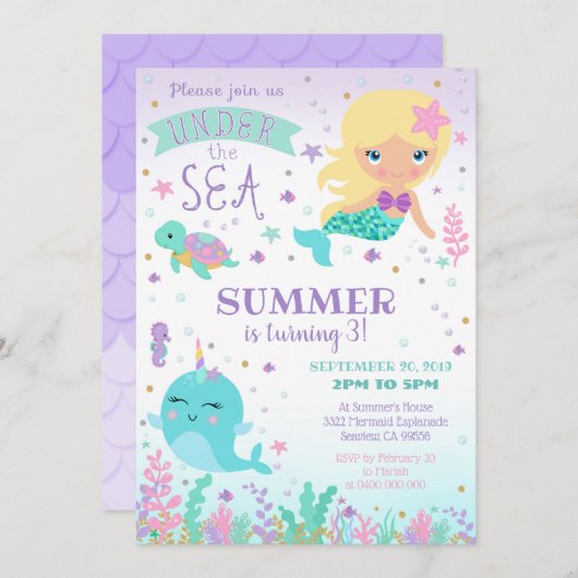 Mermaid Narwhal-uitnodiging - onder het Zee Kaart (Voorkant / Achterkant)