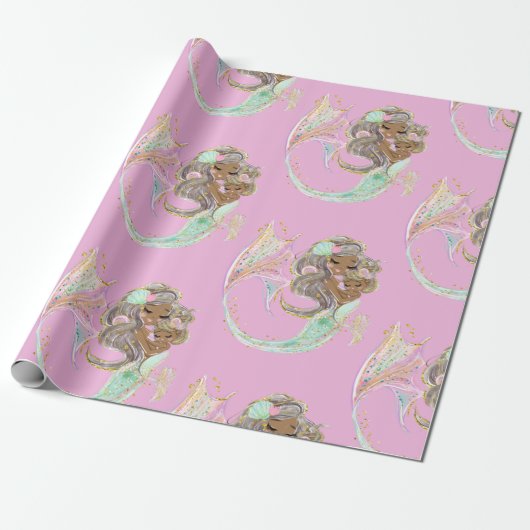 mermaïd nautisch roze verpakkingspapier cadeaupapier (Uitgerold)