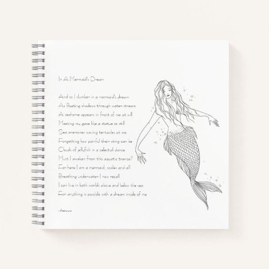 Mermaid notebook met gedicht "in een droom van een notitieboek (Voorkant)