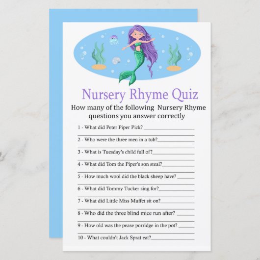 Mermaid Nursery Rhyme Quiz baby shower game (Voorkant / Achterkant)