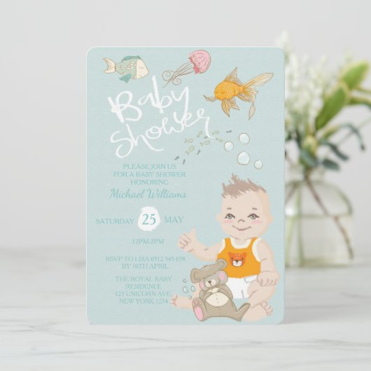 Mermaid Ocean Boy Invitation Blue Baby shower Kaart (Staand voorkant)