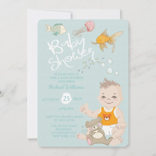 Mermaid Ocean Boy Invitation Blue Baby shower Kaart (Voorkant)