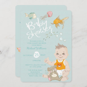 Mermaid Ocean Boy Invitation Blue Baby shower Kaart