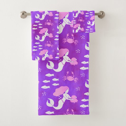 Mermaid Ocean Zee Pink Paars Patroon Bad Handdoek (Insitu)