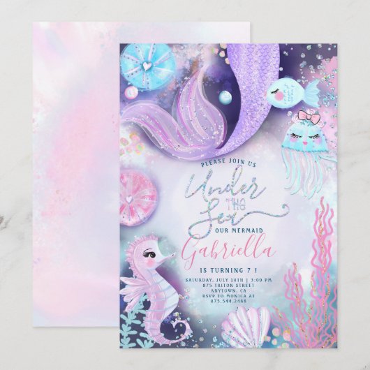 Mermaid onder de zee dieren verjaardag kaart (Voorkant / Achterkant)