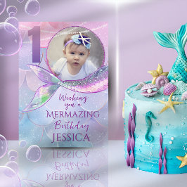 Mermaid One Photo 1st Birthday Card Kaart