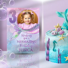 Mermaid One Photo 3rd Birthday Card Kaart