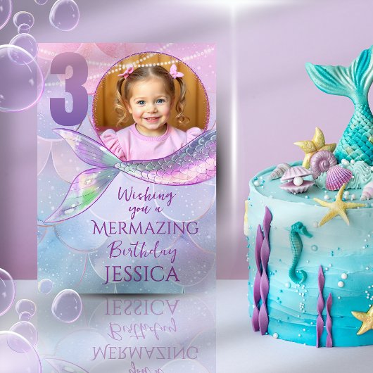 Mermaid One Photo 3rd Birthday Card Kaart