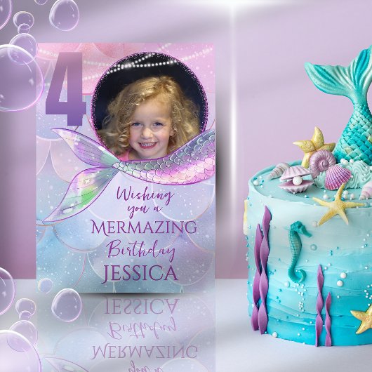 Mermaid One Photo 4th Birthday Card Kaart