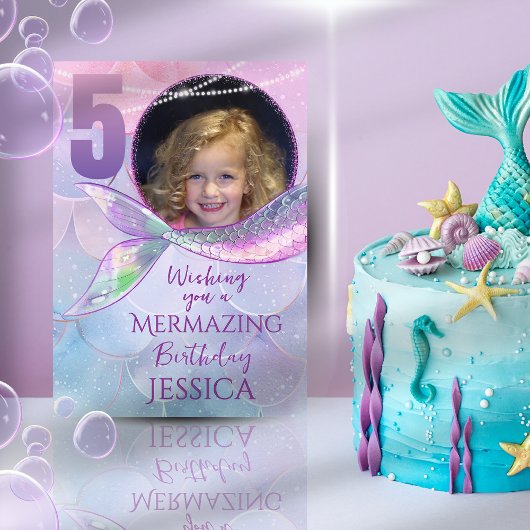 Mermaid One Photo 5th Birthday Card Kaart