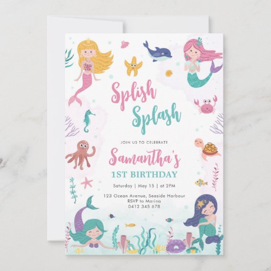 Mermaid Oneder The Sea 1st Birthday Invitation Kaart (Voorkant)