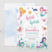 Mermaid Oneder The Sea 1st Birthday Invitation Kaart (Voorkant / Achterkant)