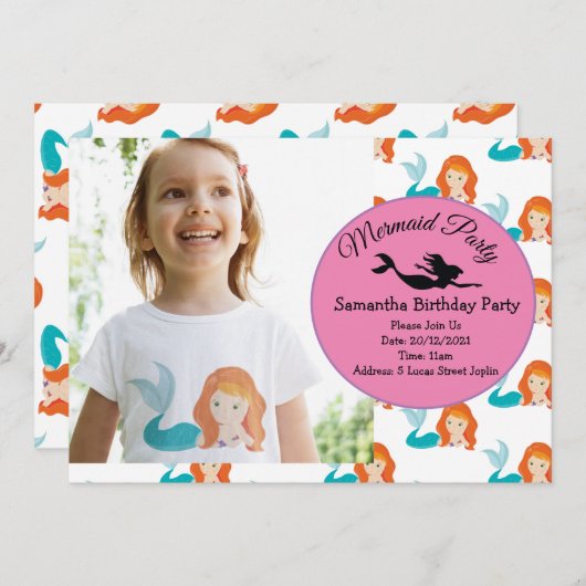 Mermaid Oranje Birthday Party Invitation Kaart (Voorkant / Achterkant)