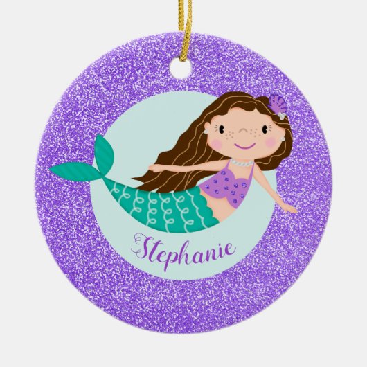 Mermaid Paars Glitter Persoonlijke naam Keramisch Ornament (Voorkant)