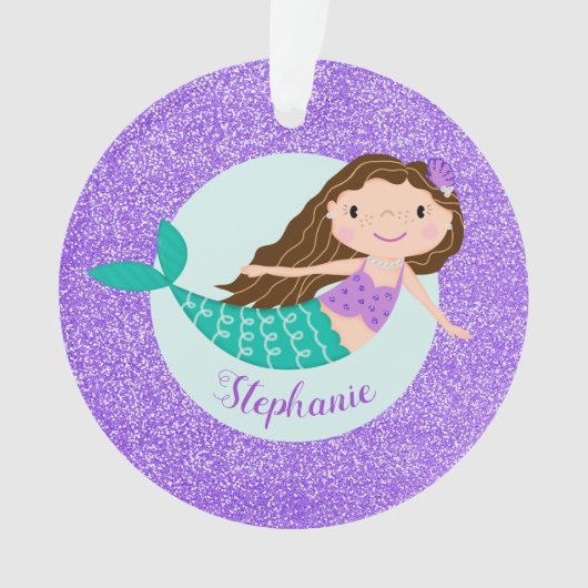 Mermaid Paars Glitter Persoonlijke naam Ornament (voorkant)
