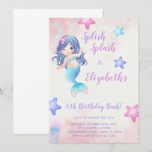 Mermaid Paars onder zee Uitnodiging (Voorkant / Achterkant)