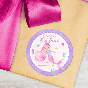 Mermaid Paars Pink Waterverf Baby shower Favor Ronde Sticker