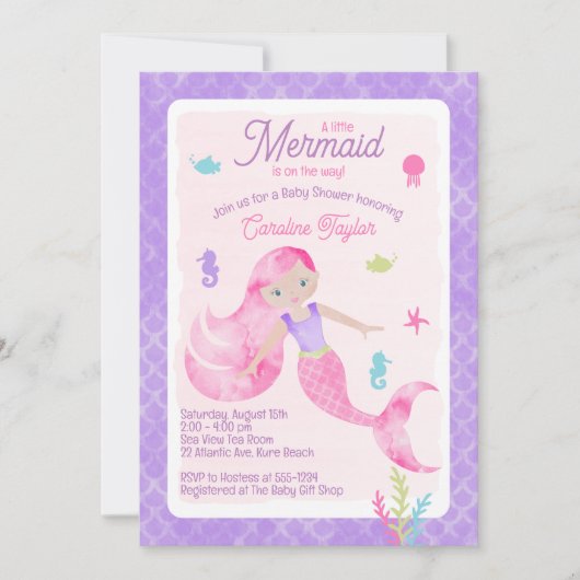 Mermaid Paars Pink Waterverf Baby shower Kaart (Voorkant)