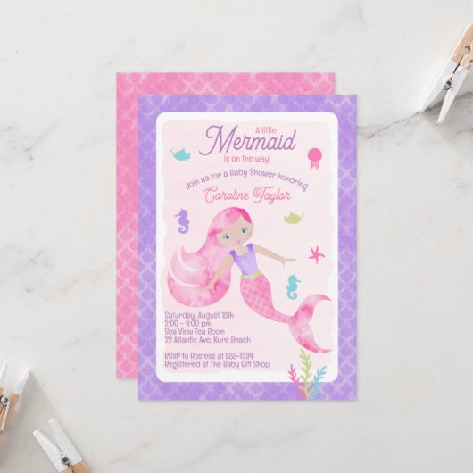 Mermaid Paars Pink Waterverf Baby shower Kaart (Voorkant / Achterkant in situ)