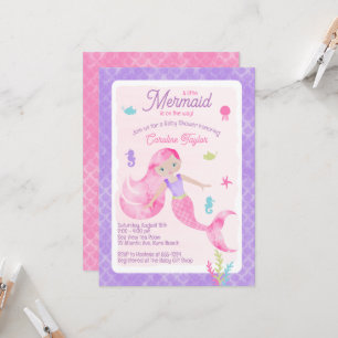 Mermaid Paars Pink Waterverf Baby shower Kaart