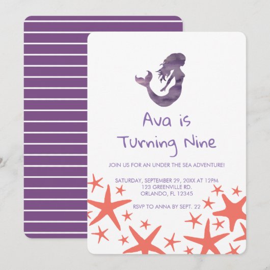Mermaid Paars Starfish Birthday Invitation Kaart (Voorkant / Achterkant)