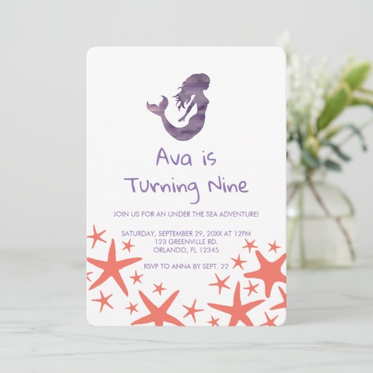 Mermaid Paars Starfish Birthday Invitation Kaart (Staand voorkant)