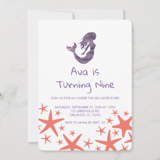 Mermaid Paars Starfish Birthday Invitation Kaart (Voorkant)