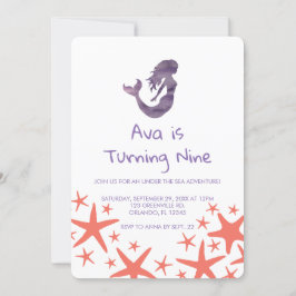 Mermaid Paars Starfish Birthday Invitation Kaart