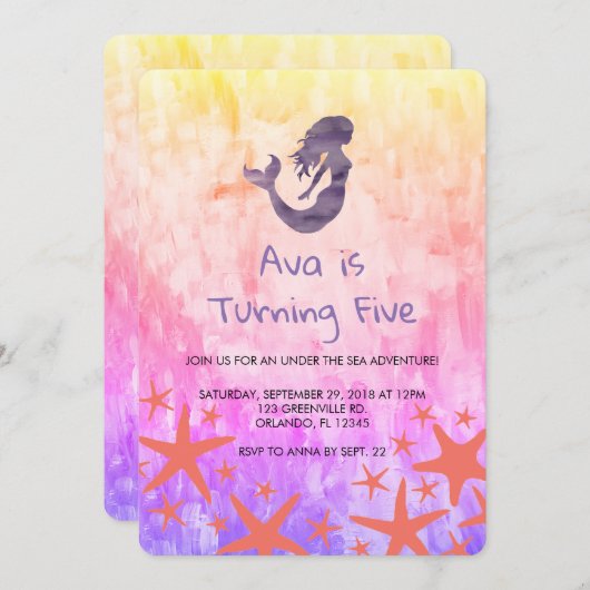 Mermaid Paars Starfish Birthday Invitation Kaart (Voorkant / Achterkant)