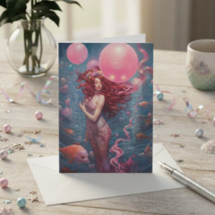 Mermaid Painting Birthday Balloons Roze Kaart