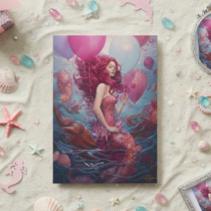 Mermaid Painting Birthday Balloons Roze Kaart