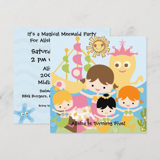 Mermaid Party Gepersonaliseerd Birthday-uitnodigin Kaart (Voorkant / Achterkant)