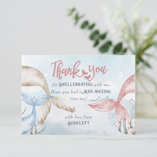 Mermaid Party, gepersonaliseerd met Mermaid Puns Bedankkaart (Staand voorkant)