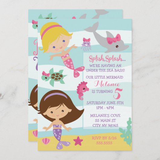 Mermaid Party/Mermaid Birthday Uitnodiging (Voorkant / Achterkant)