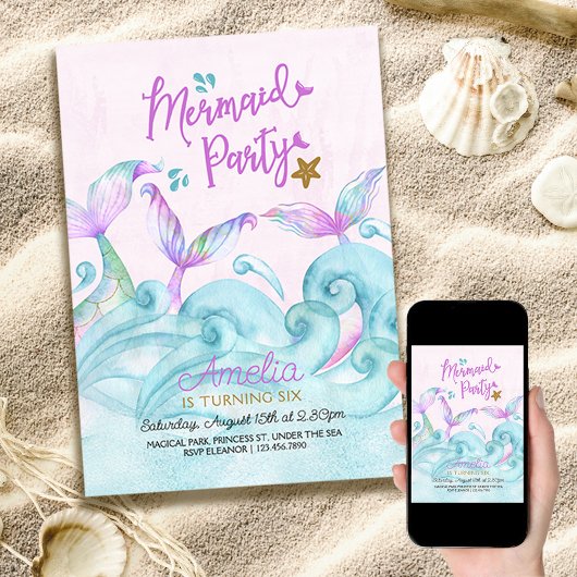Mermaid Party Ocean Waves Pink Birthday Kaart