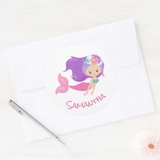 Mermaid Party Paars Ronde Sticker (Envelop)
