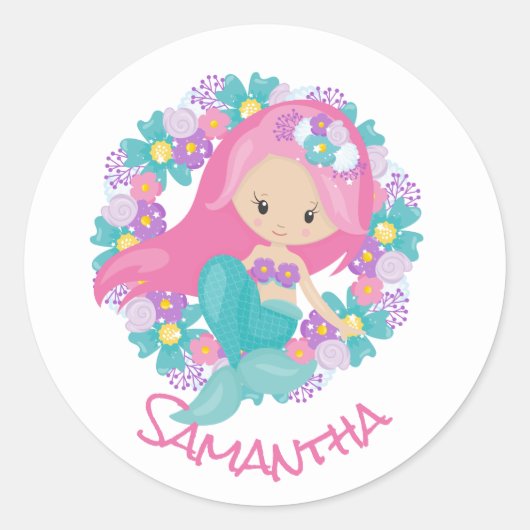 Mermaid Party Paarse Classic Round Sticker (Voorkant)